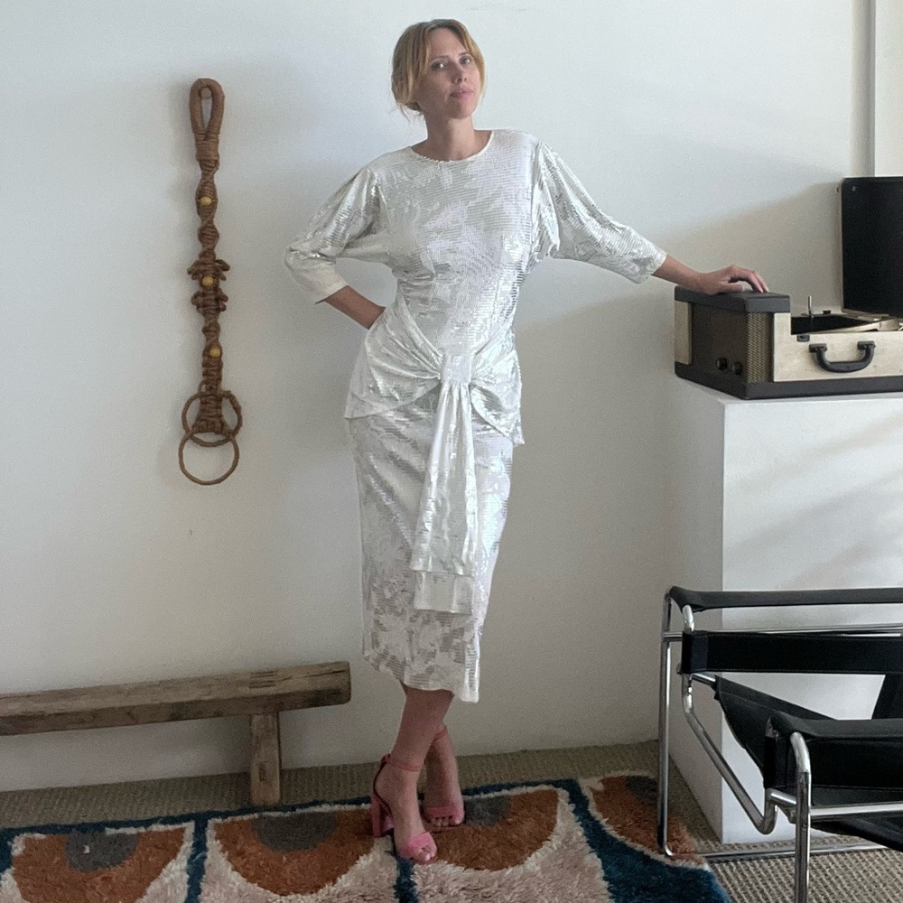 Vintage White and Silver Sheath Maxi Dress with Dolman Sleeves